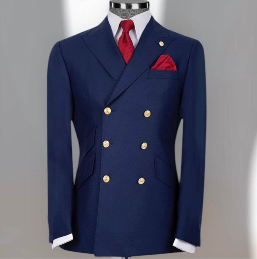 Navy blue double-breasted suit jacket.