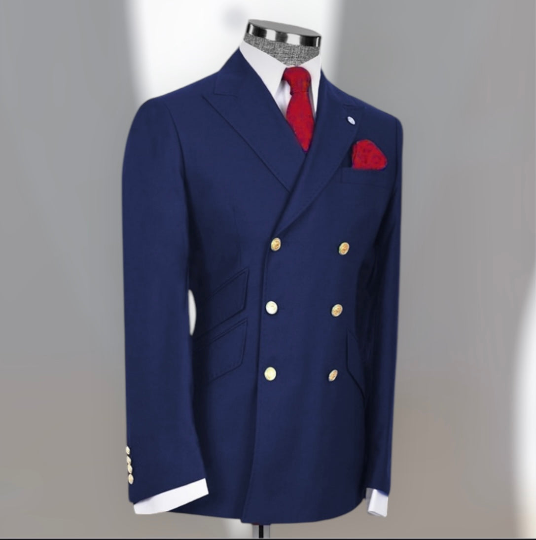 Navy blue double-breasted suit jacket.